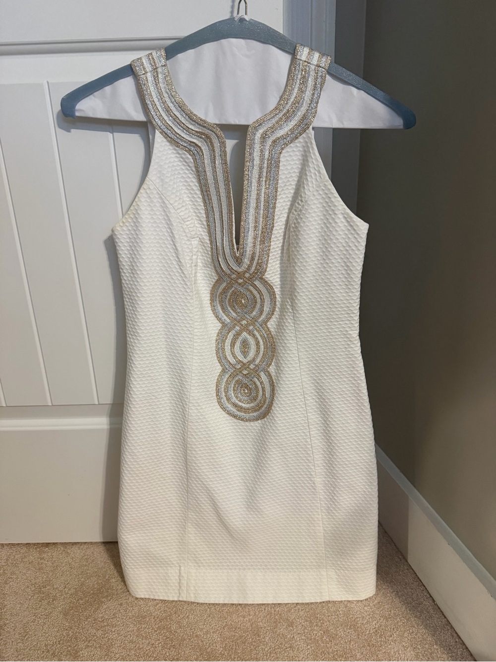 Lilly Pulitzer White Mini Dress with Gold Embellished Halter Neck